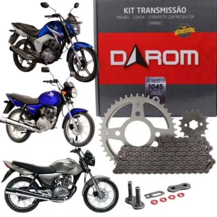 Kit Transmissão Relação COM RETENTOR Titan/Fan/Start 150 (2004 à 2015) ORIGINAL - DAROM AÇO 1045 REFORÇADA