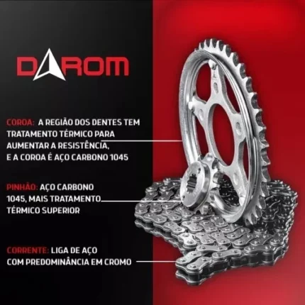 Kit Transmissão Relação COM RETENTOR Titan/Fan/Start 150 (2004 à 2015) ORIGINAL - DAROM AÇO 1045 REFORÇADA